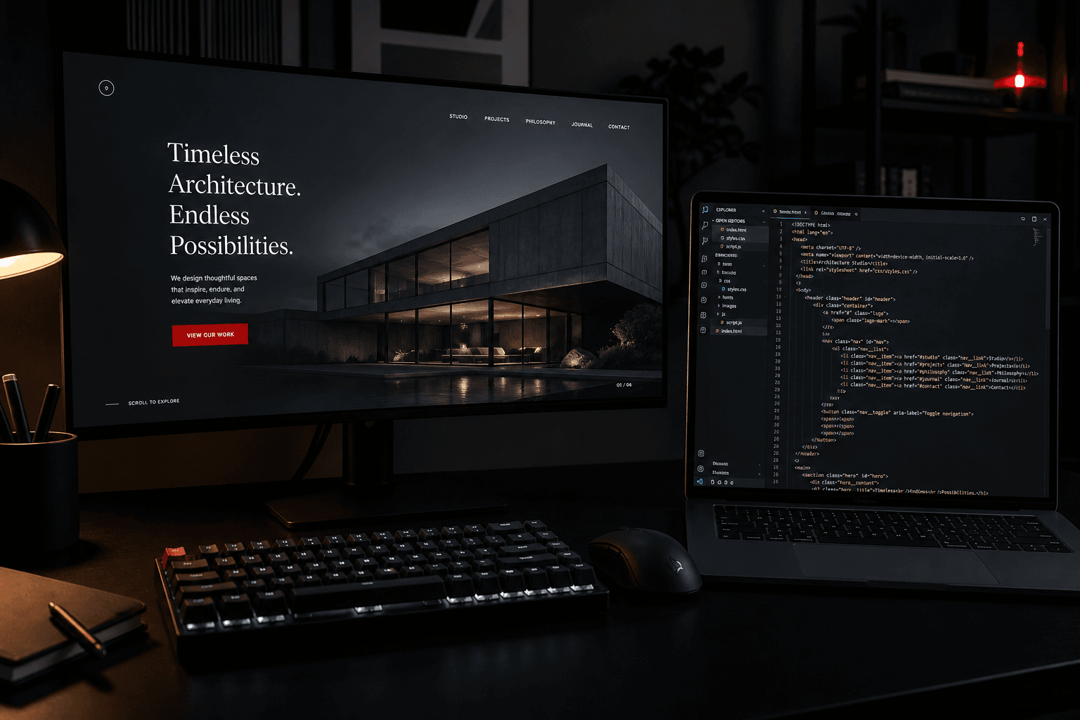 Monitörde tasarlanmış web sitesi, dizüstünde kod editörü
