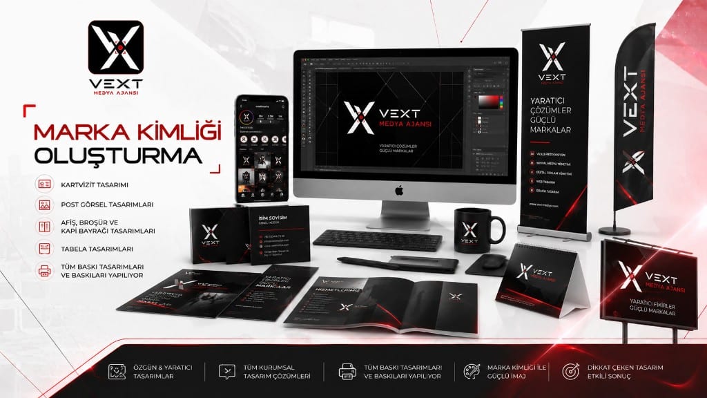Marka kimliği mockup’ı: kartvizit, broşür, tabela ve ekranda kurumsal tasarım çalışmaları
